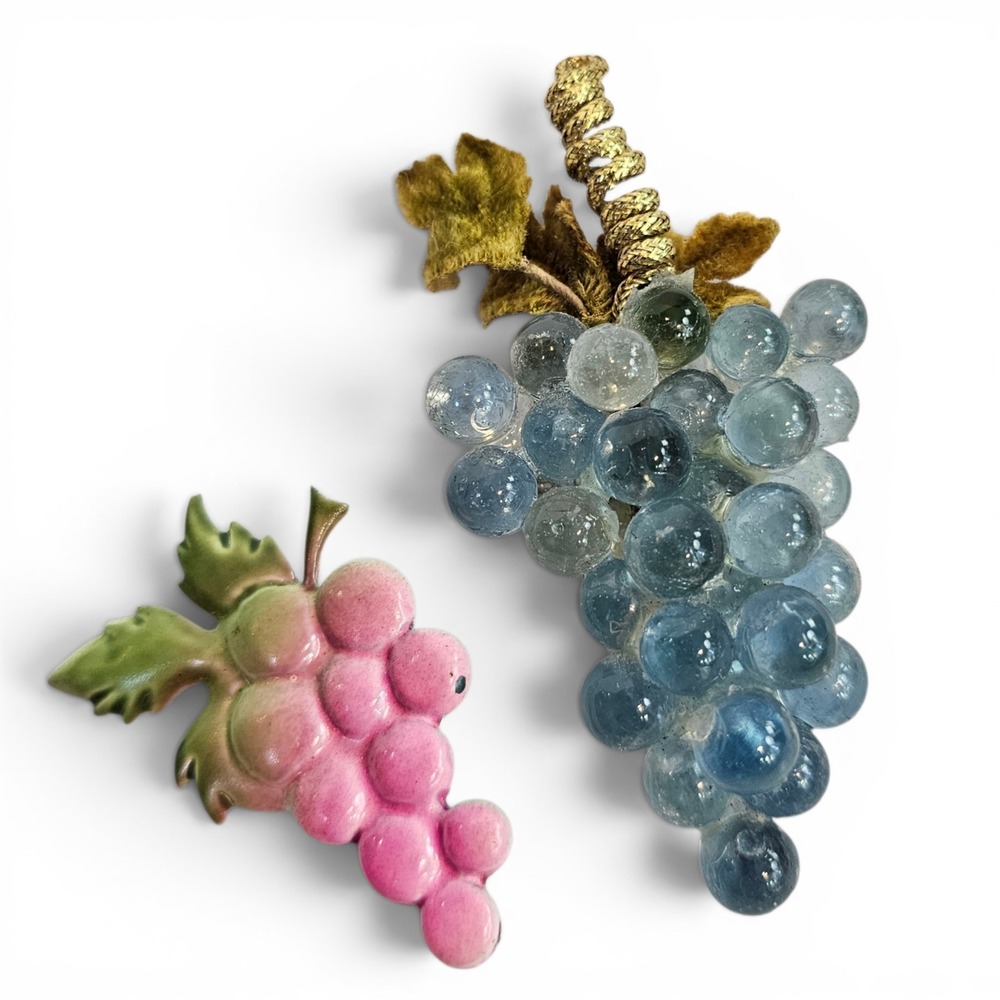 Vintage Midcentury Grape Cluster Brooch Set Blue Acrylic Pink Enamel Fruit Pins